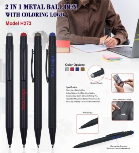 2 in 1 Metal Ball Pen With Coloring Logo H 273