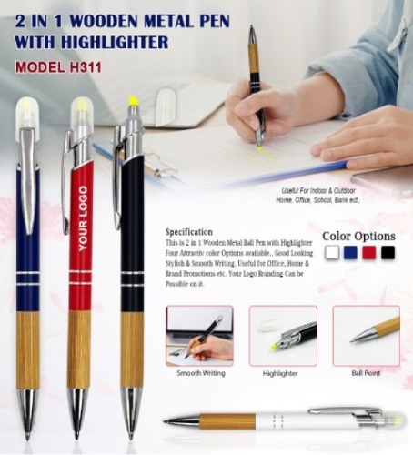 2 in1 Wooden Metal Pen With Highlighter H 311