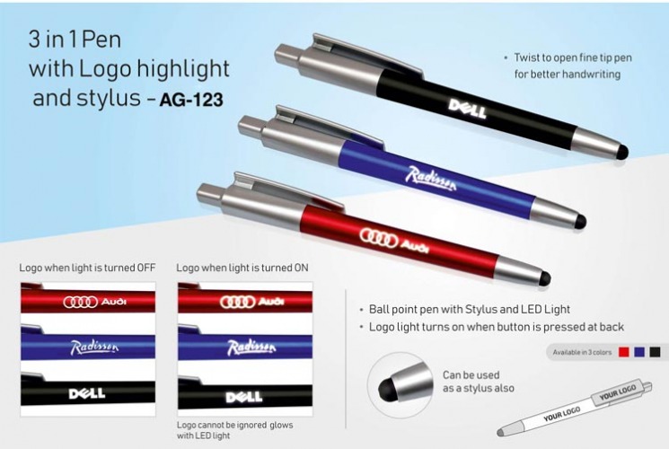 3 in 1 Pen with Logo highlight and stylus AG 123